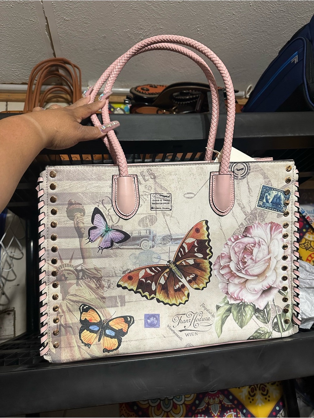 Floral & Butterfly Tote Bag with Pink Handles & Matching Wallet